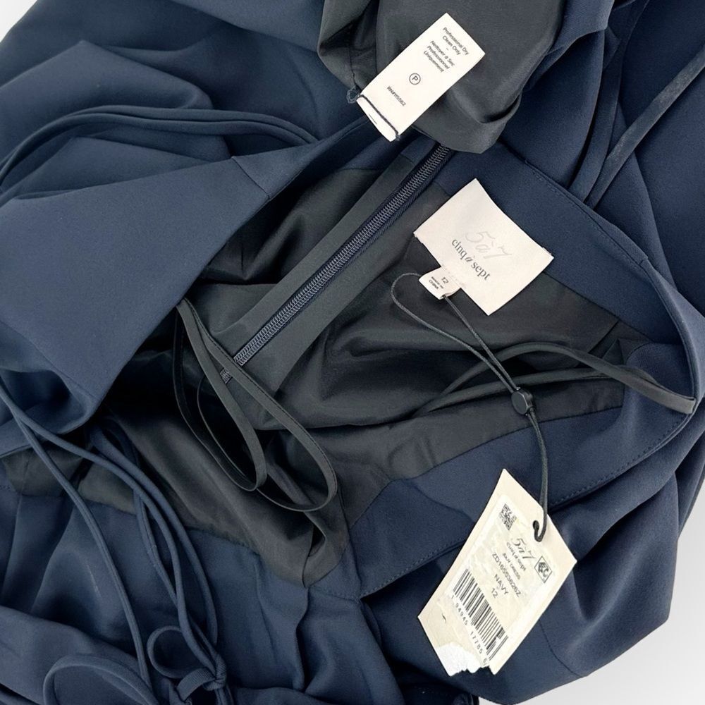 CINQ À SEPT NWT Judy Ruched Navy Backless Midi-Dress- size 12- sexy classic - Picture 9 of 13